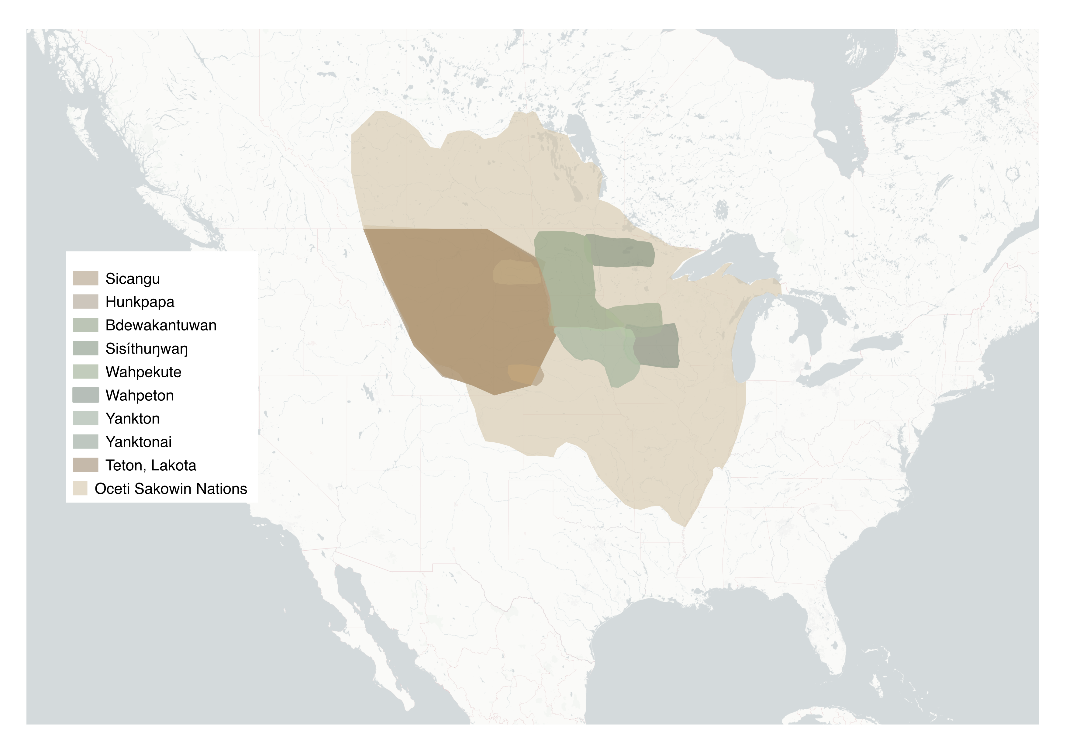 The Očhéthi Šakówiŋ nations and their territories across the Northern Great Plains, pre-1851