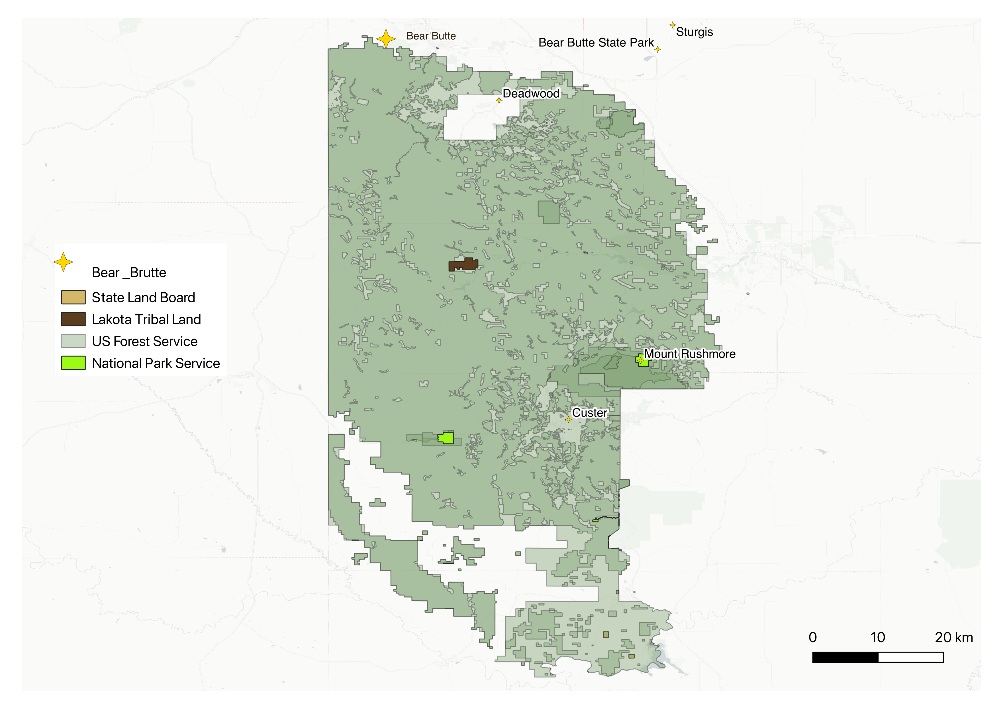 Current land management in the Black Hills — US Forest Service, NPS, state, and remaining Lakota tribal land